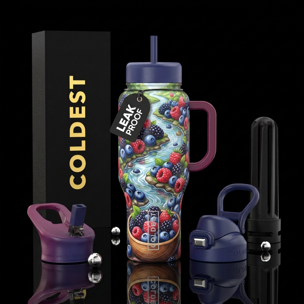River of berries going into a bowl water bottle design