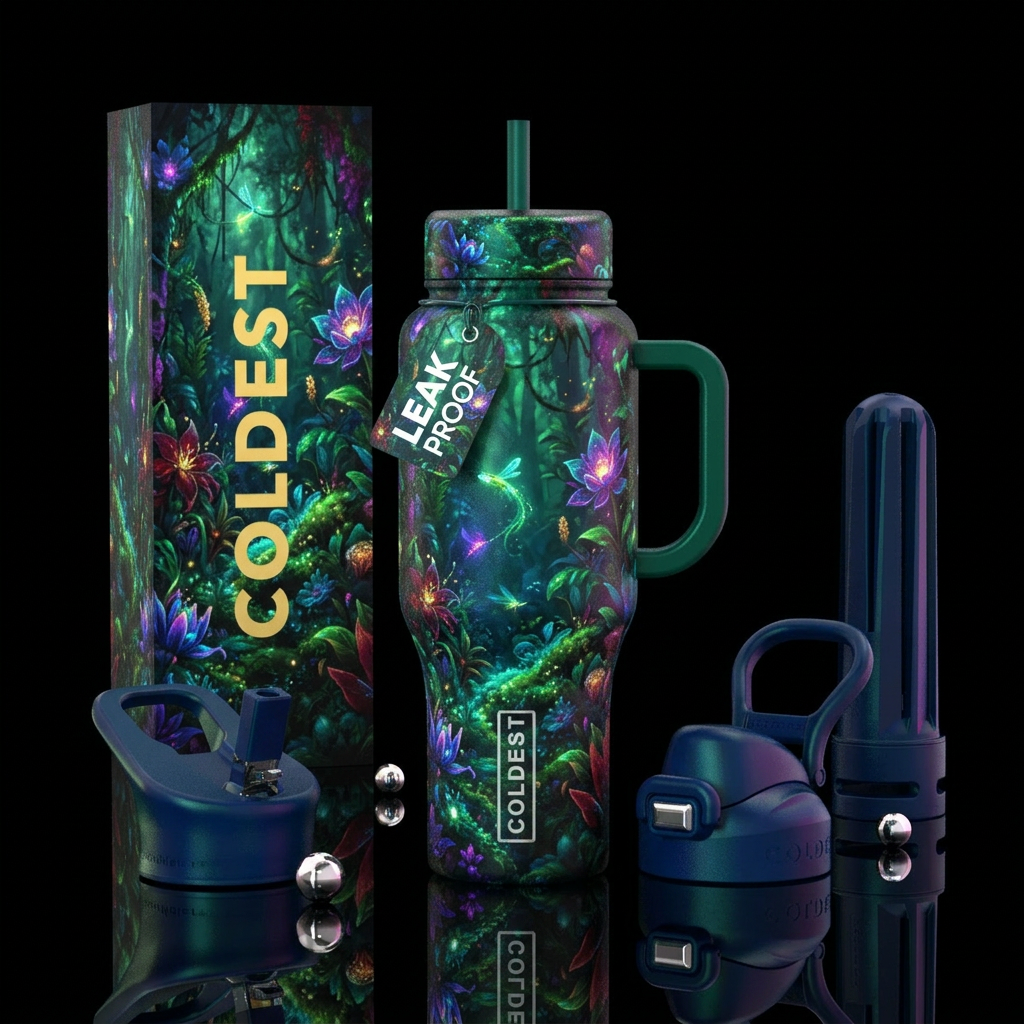 Rain forest at night lit by magical flowers water bottle design