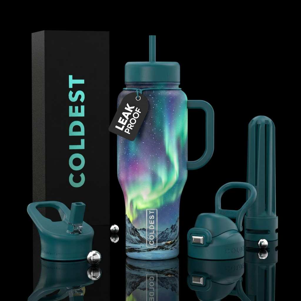 Northern lights over snow covered mountains water bottle design