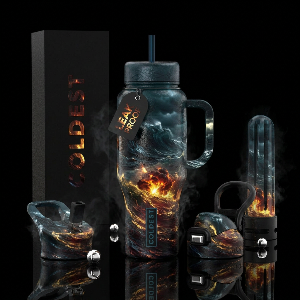 darkness, ocean, firery, explosive, glowie, stormy... water bottle design