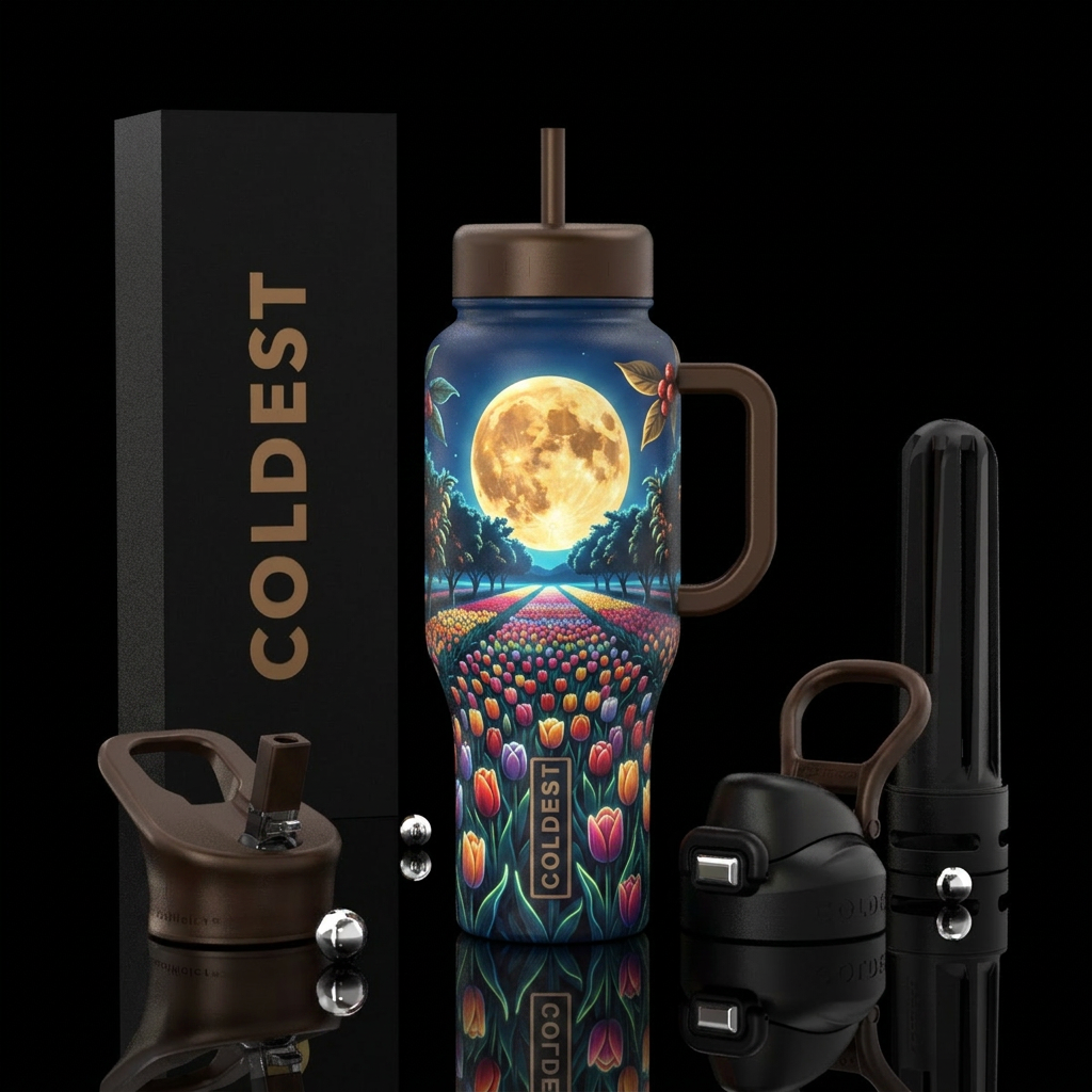 tulip fields,,coffee, glowie, harvest moon, trees water bottle design
