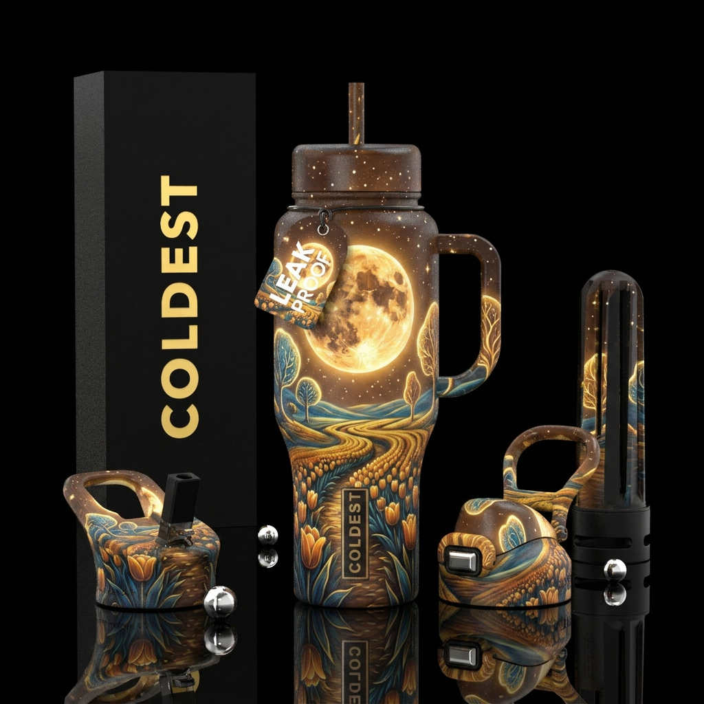 tulip fields,,coffee, glowie, harvest moon, trees water bottle design