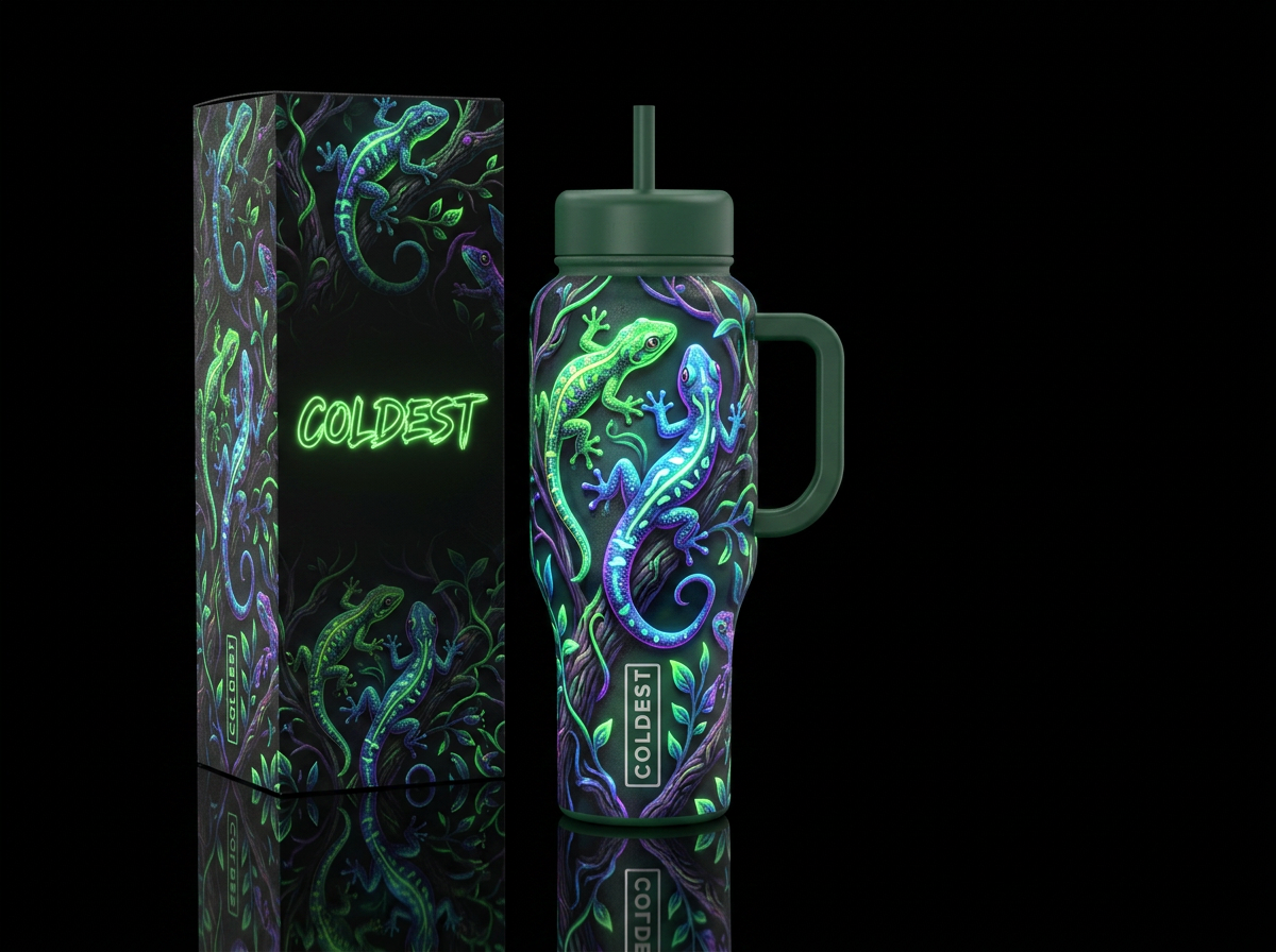 glowie geckos on branches water bottle design