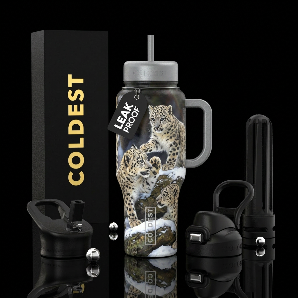 Realistic Snow leopard cubs playing water bottle design