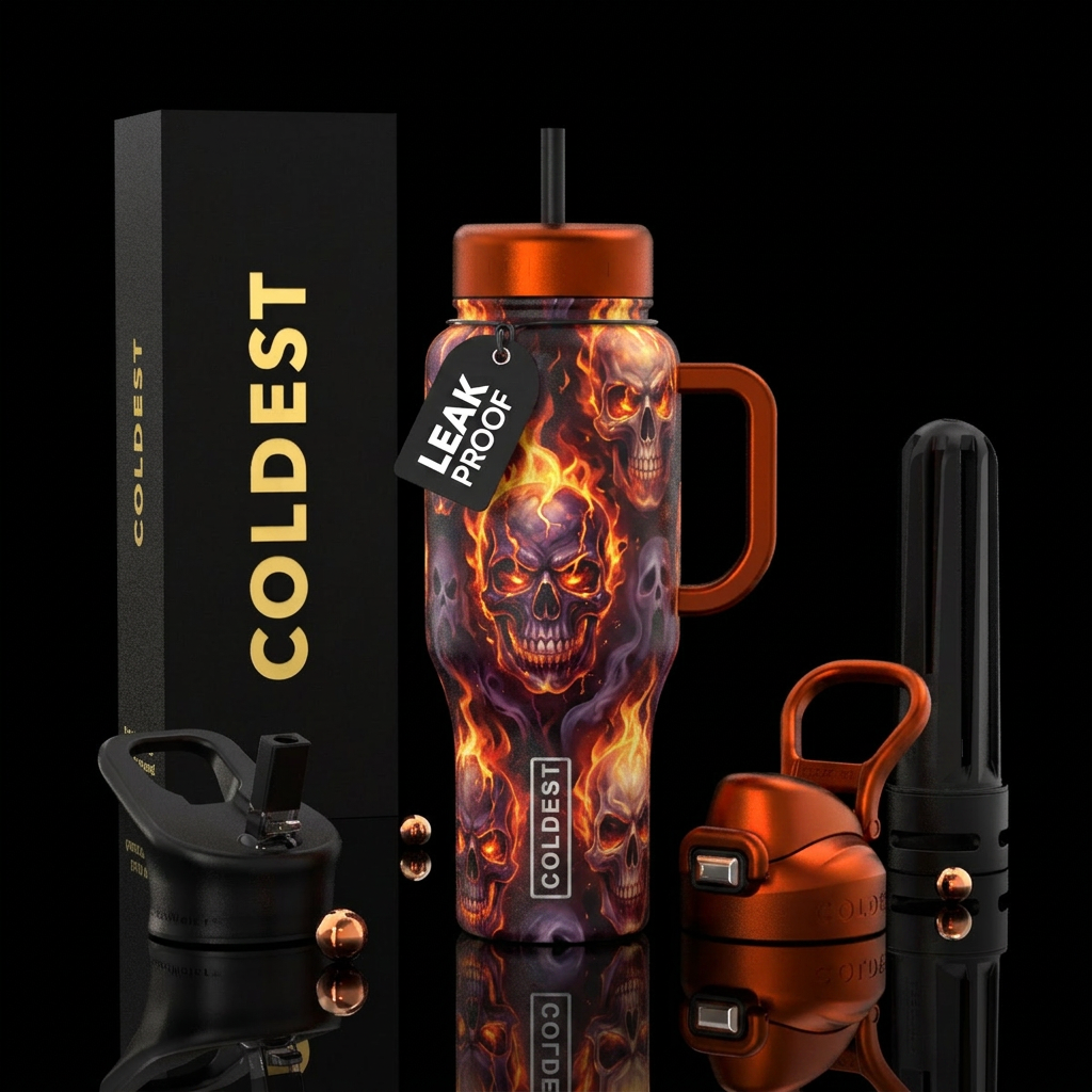 dark mood, haunted, fiery skulls water bottle design