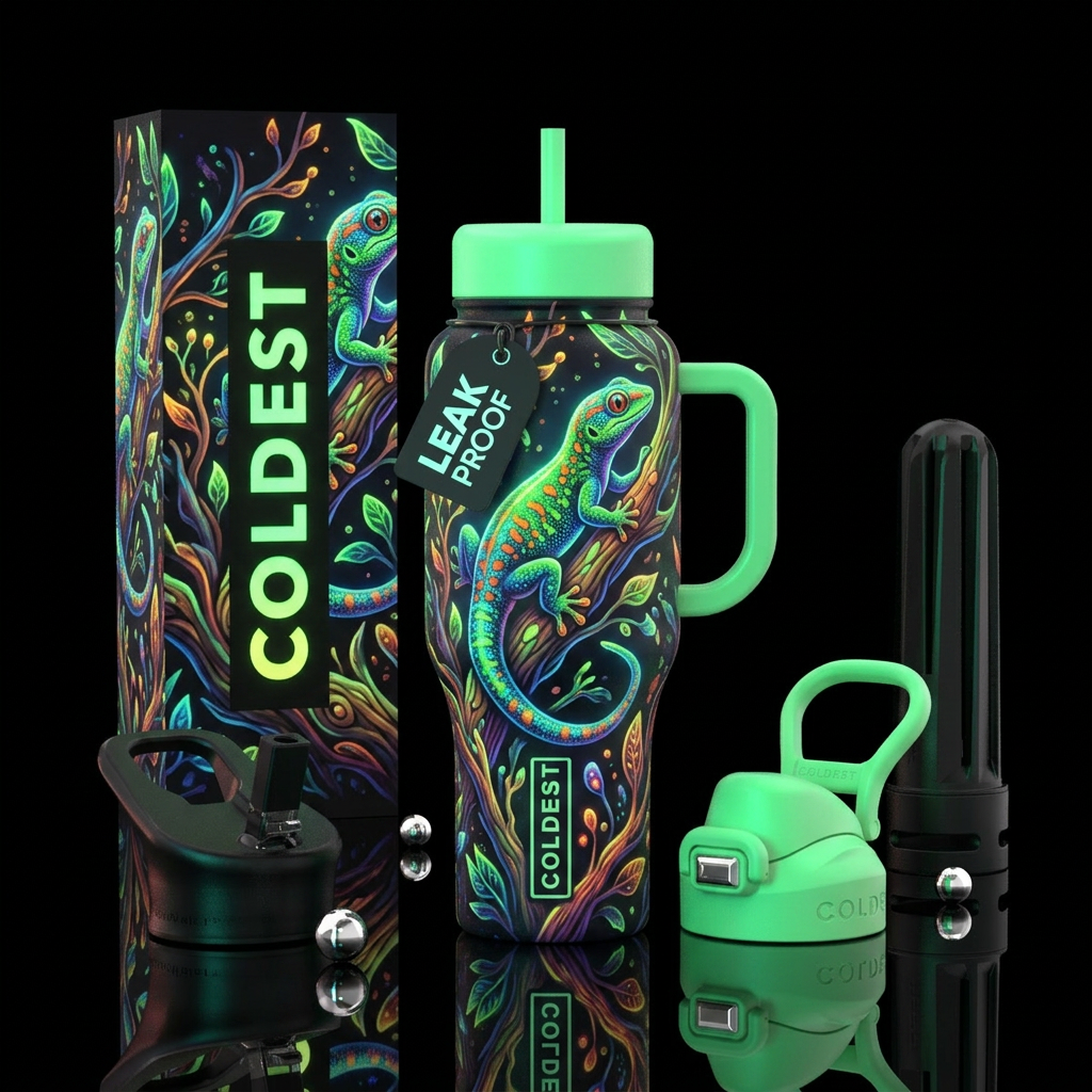 glowie geckos on branches water bottle design