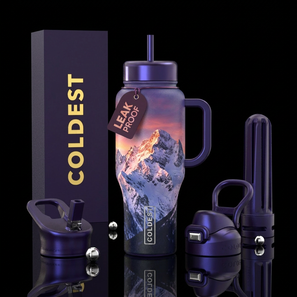 Glowie snow cover mountains at sunset water bottle design