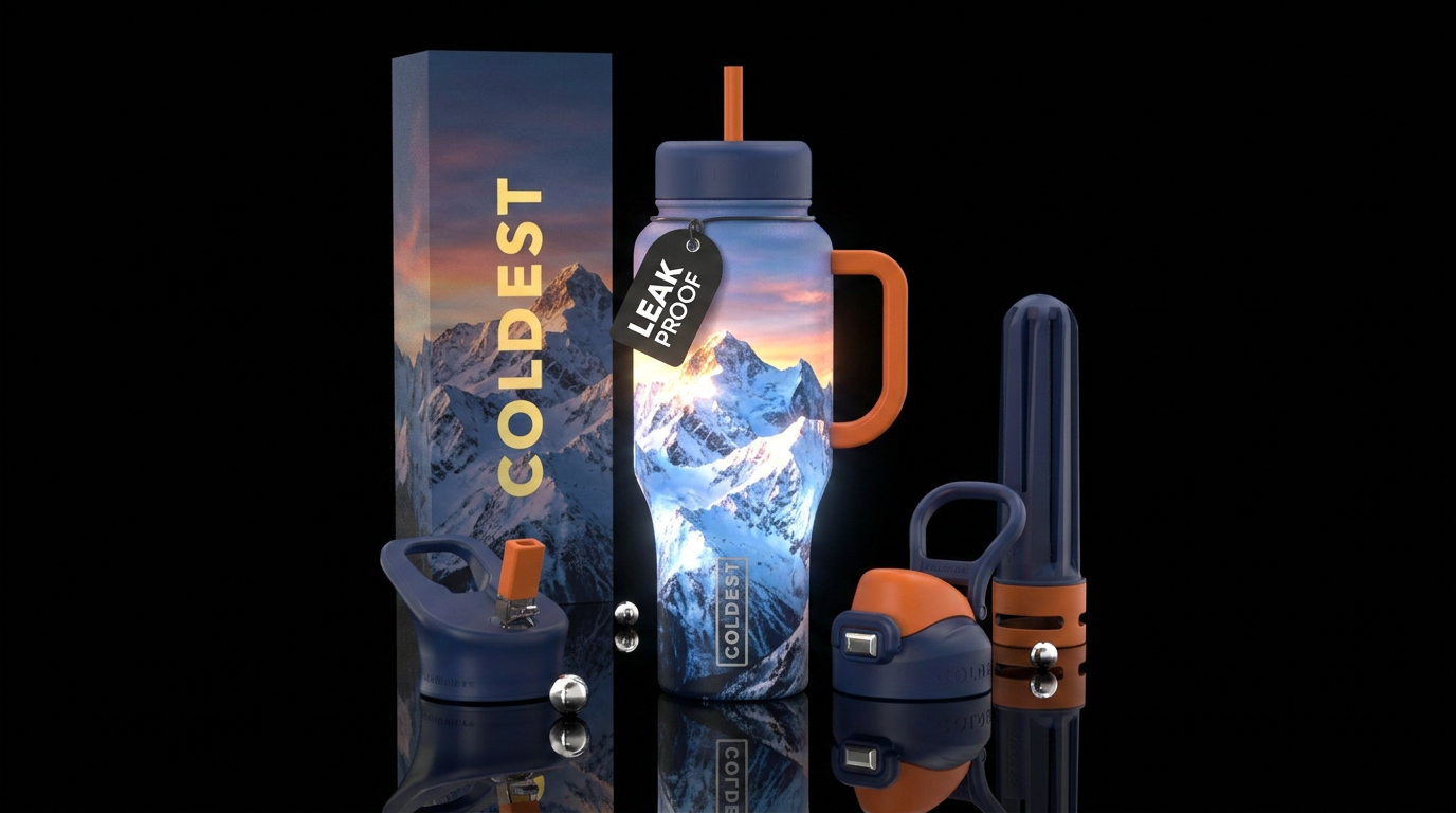 Glowie snow cover mountains at sunset water bottle design