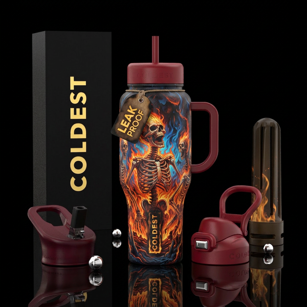 darkness, haunted, dark mood, firery skeletons water bottle design