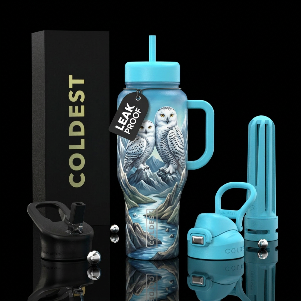 Snow owl pair near mountains with a stream water bottle design