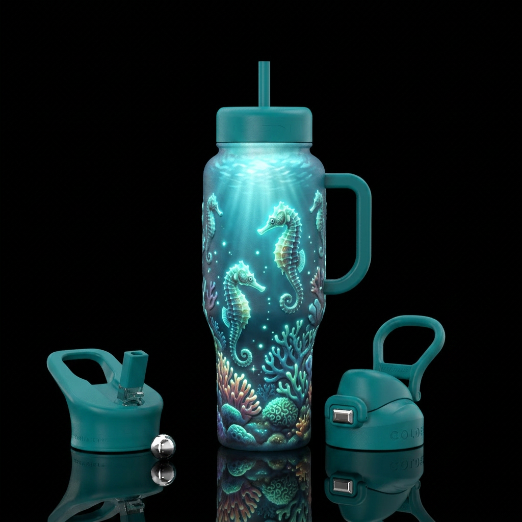 Glowie seahorses in coral reefs with sun shinning ... water bottle design
