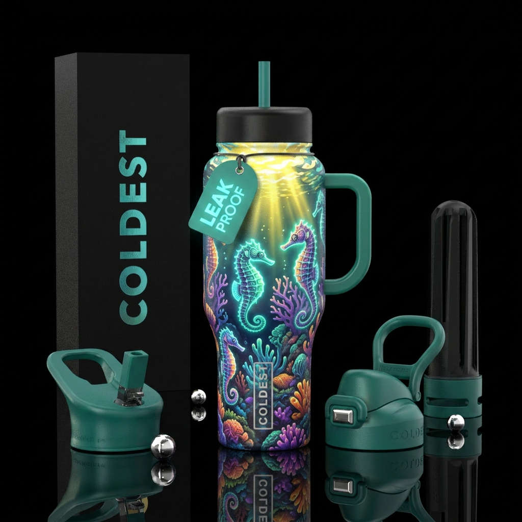 Glowie seahorses in coral reefs with sun shinning ... water bottle design