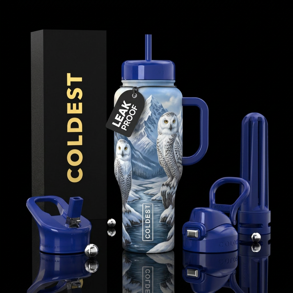 Snow owl pair near mountains with a stream water bottle design