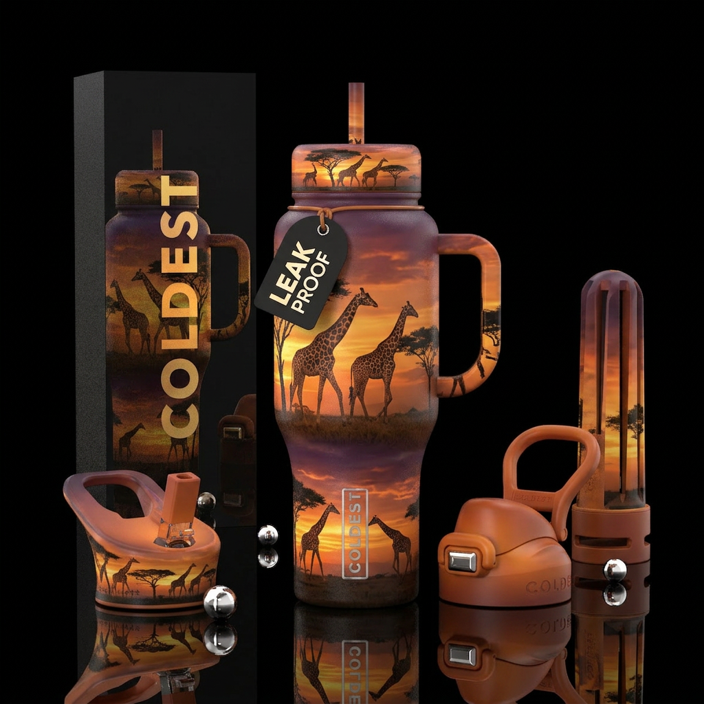 Giraffes grazing at sunset water bottle design
