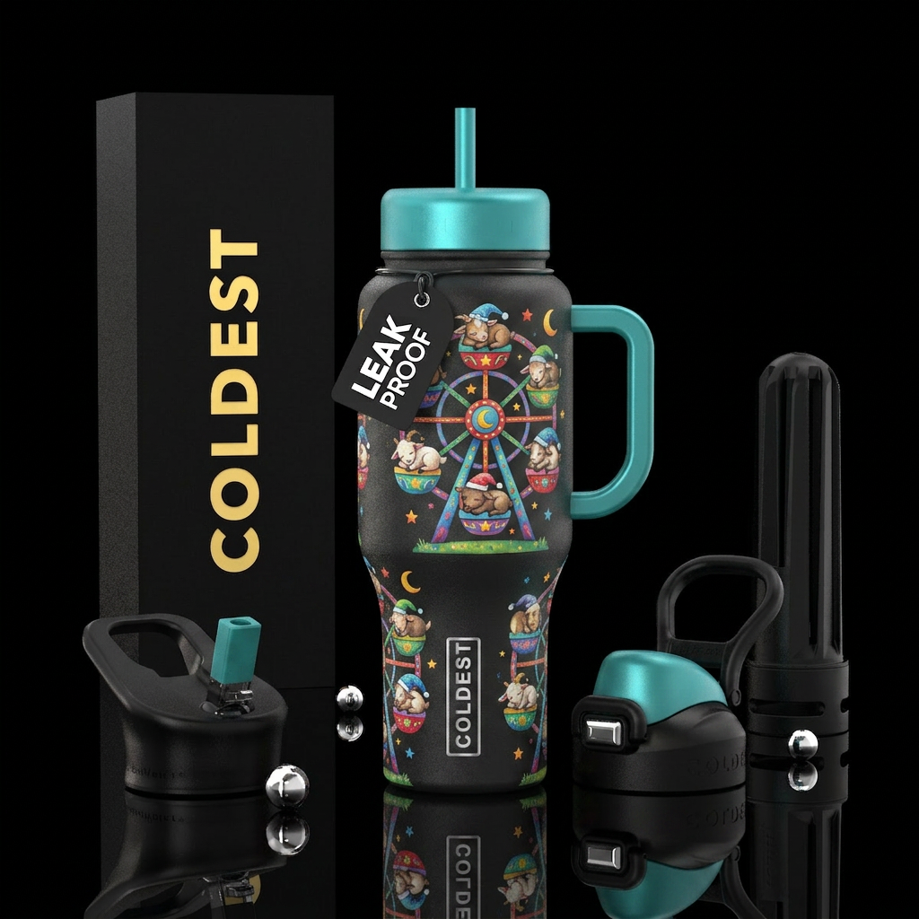 Sleepy pygmy goats on a ferris wheel water bottle design