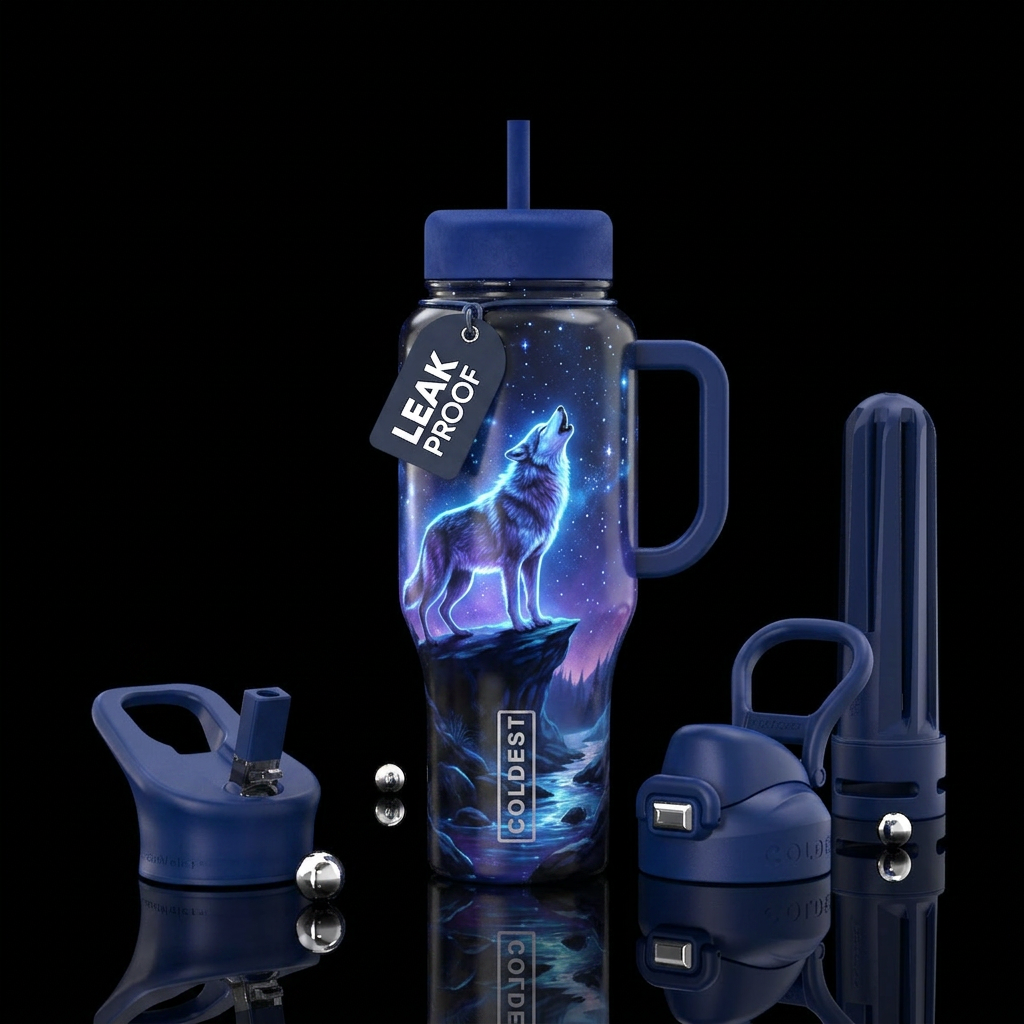 glowie, wolf on a cliff overlooking a stream water bottle design