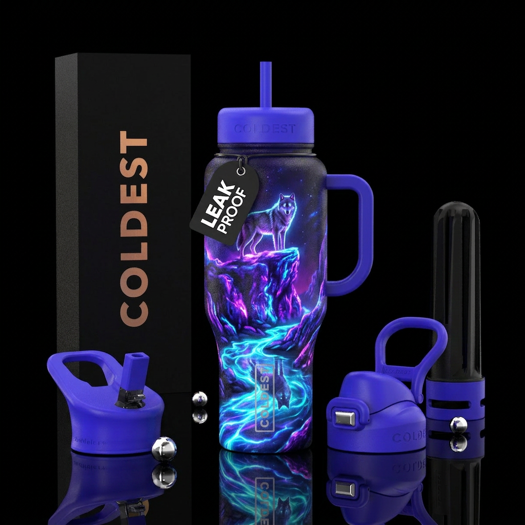 glowie, wolf on a cliff overlooking a stream water bottle design