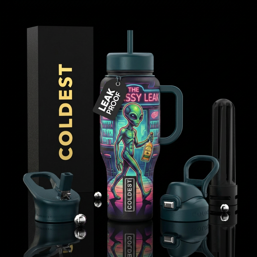 Alien walking out of a bar with a bottle of tequil... water bottle design