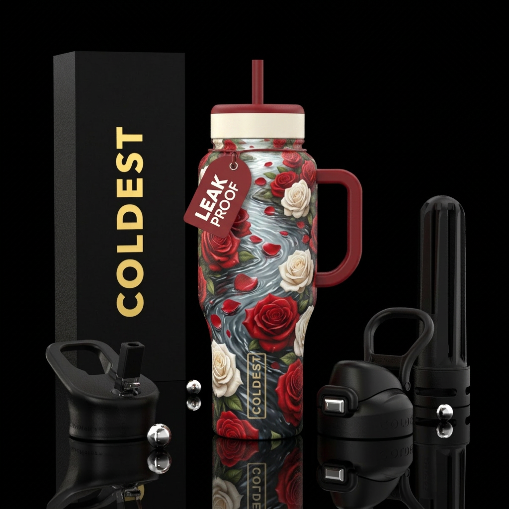 Realistic red and white roses floating down river water bottle design