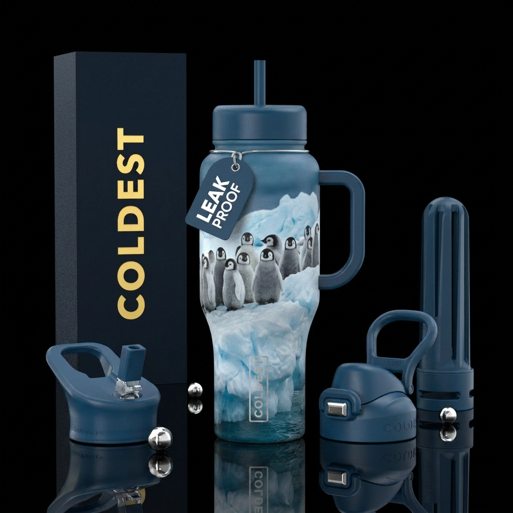 Realistic baby penguins on an iceberg water bottle design