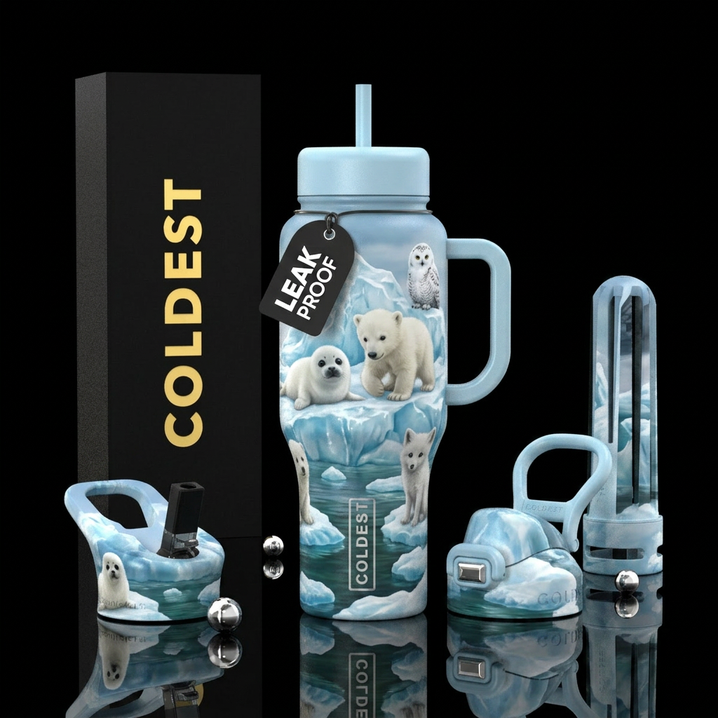 Realistic Baby arctic animals on an iceberg water bottle design