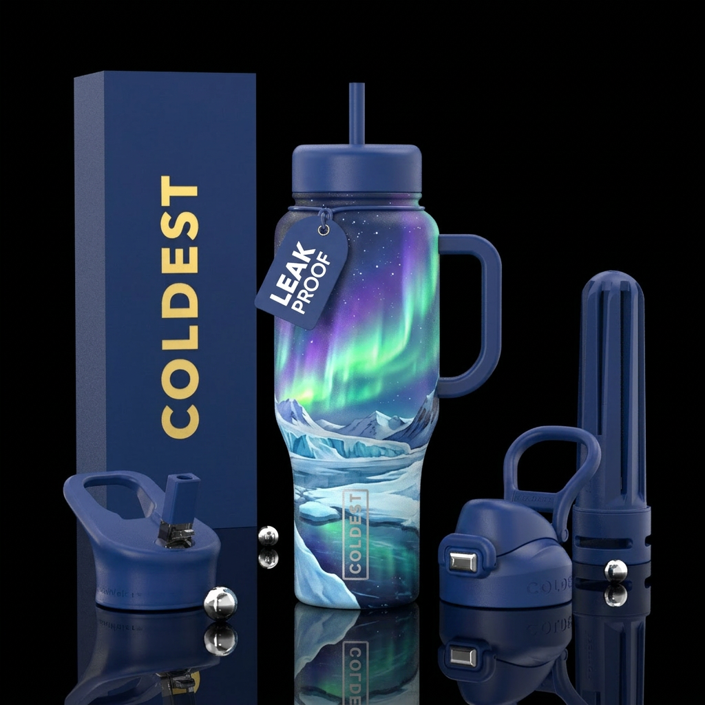 Arctic scenery during northern lights water bottle design