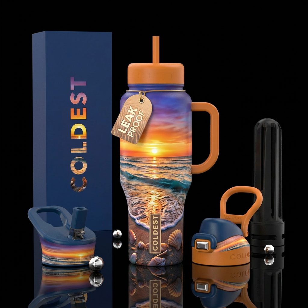 Neach at sunset with shells along the shore line w... water bottle design