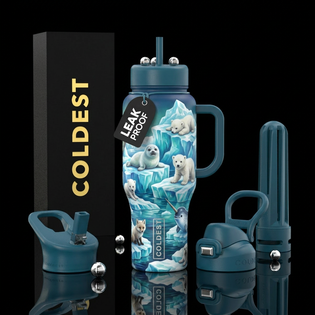 Realistic Baby arctic animals on an iceberg water bottle design