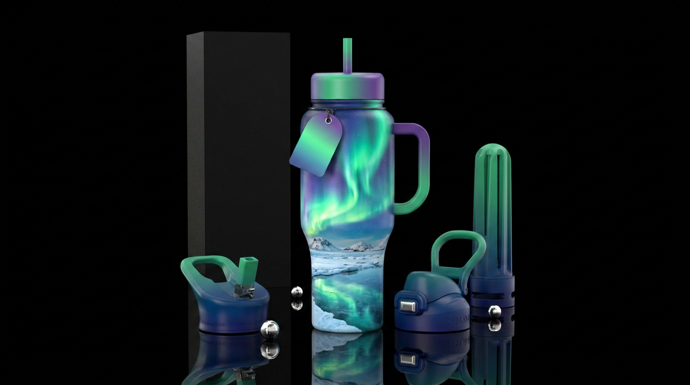 Arctic scenery during northern lights water bottle design
