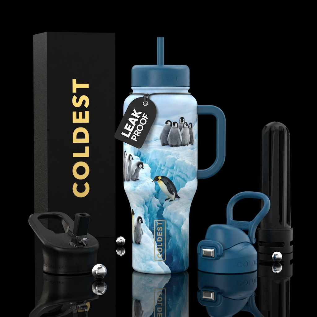 Realistic baby penguins on an iceberg water bottle design