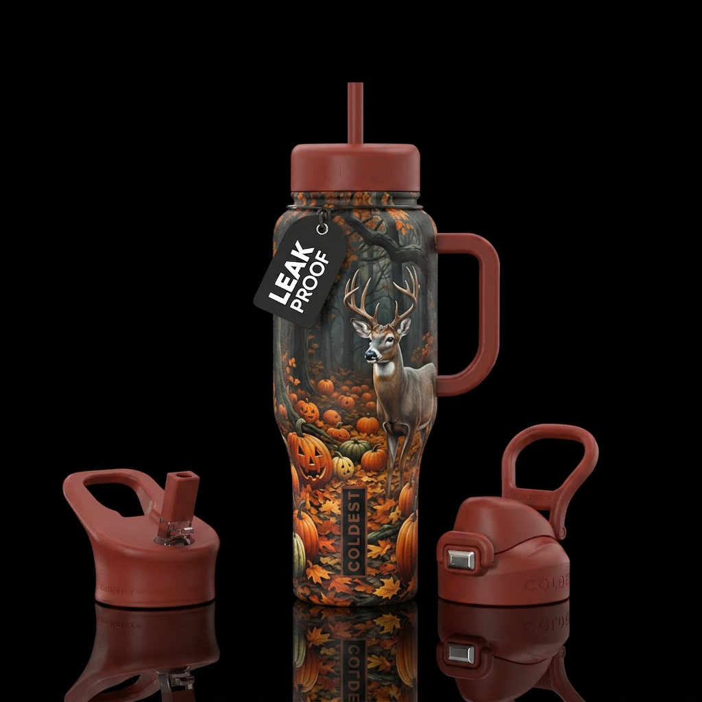 darkness, dark mood, deer in a pumpkin patch water bottle design