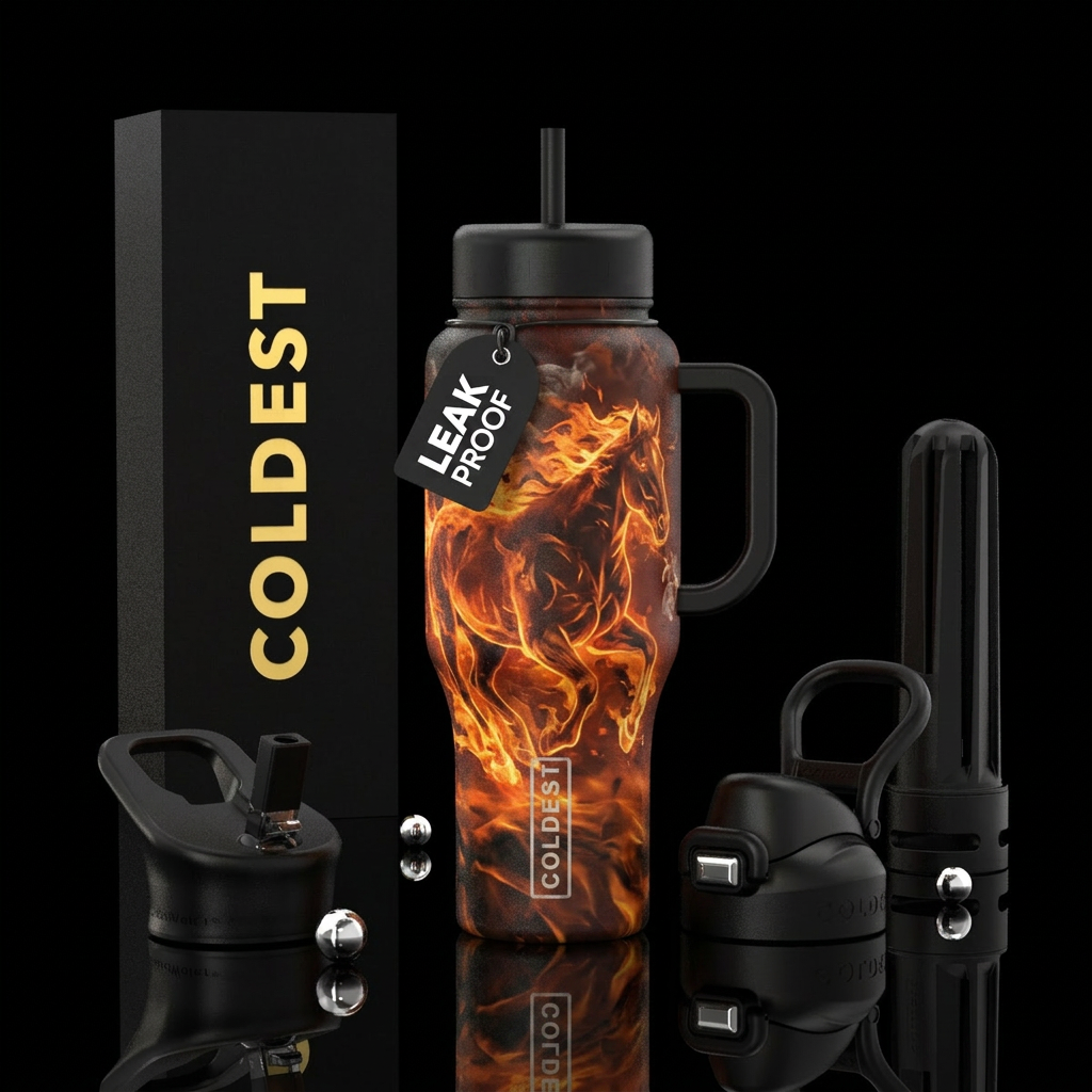 darkness, firery, dark mood, explosive, wild horse water bottle design
