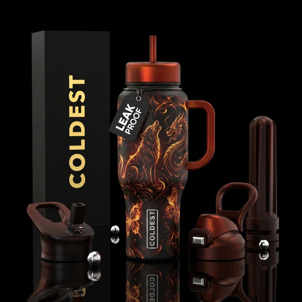 dog, dragon, butterfly, darkness, dark mood, firer... water bottle design