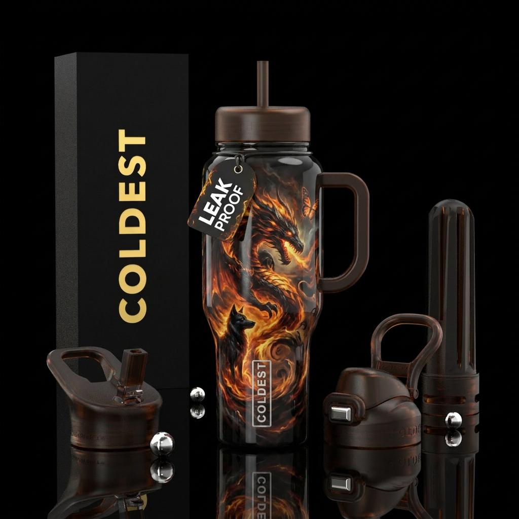 dog, dragon, butterfly, darkness, dark mood, firer... water bottle design