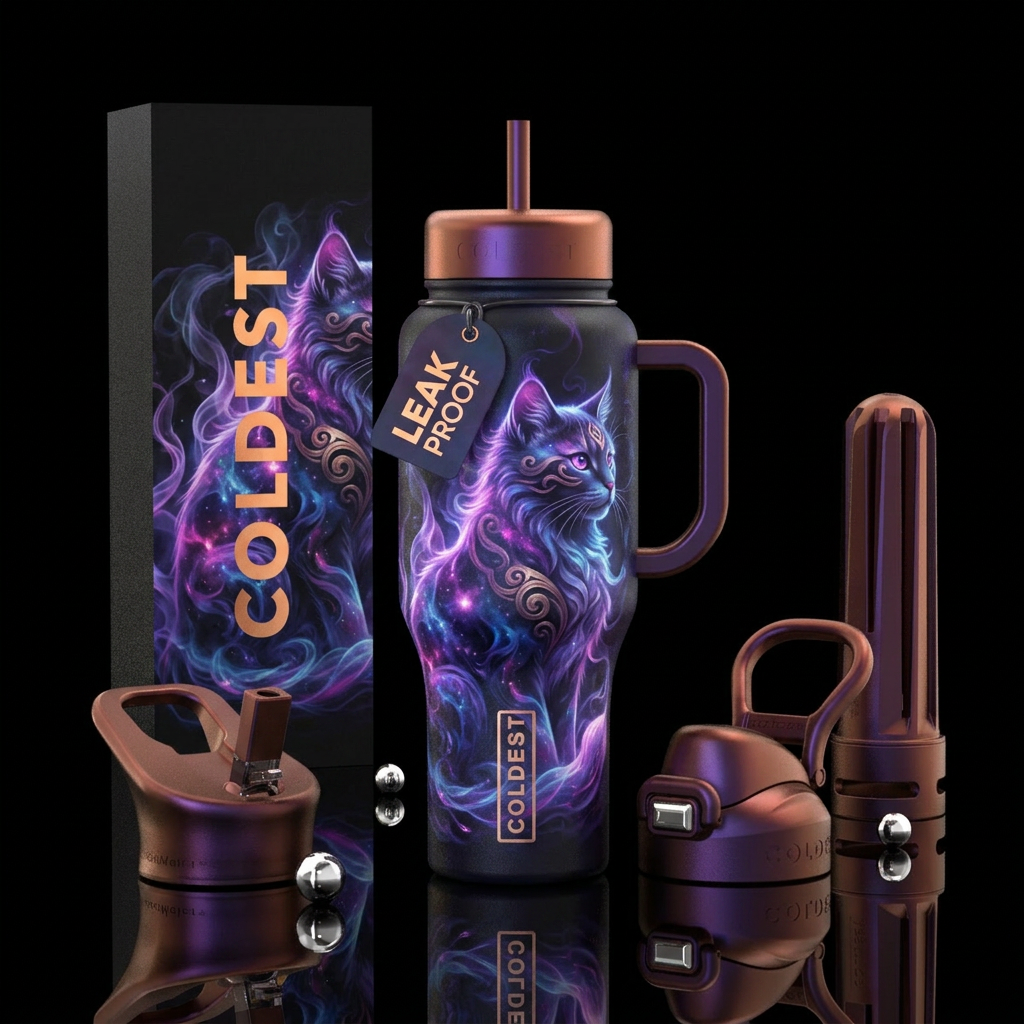 mythical, smoke, darkness, whimsical, cat water bottle design
