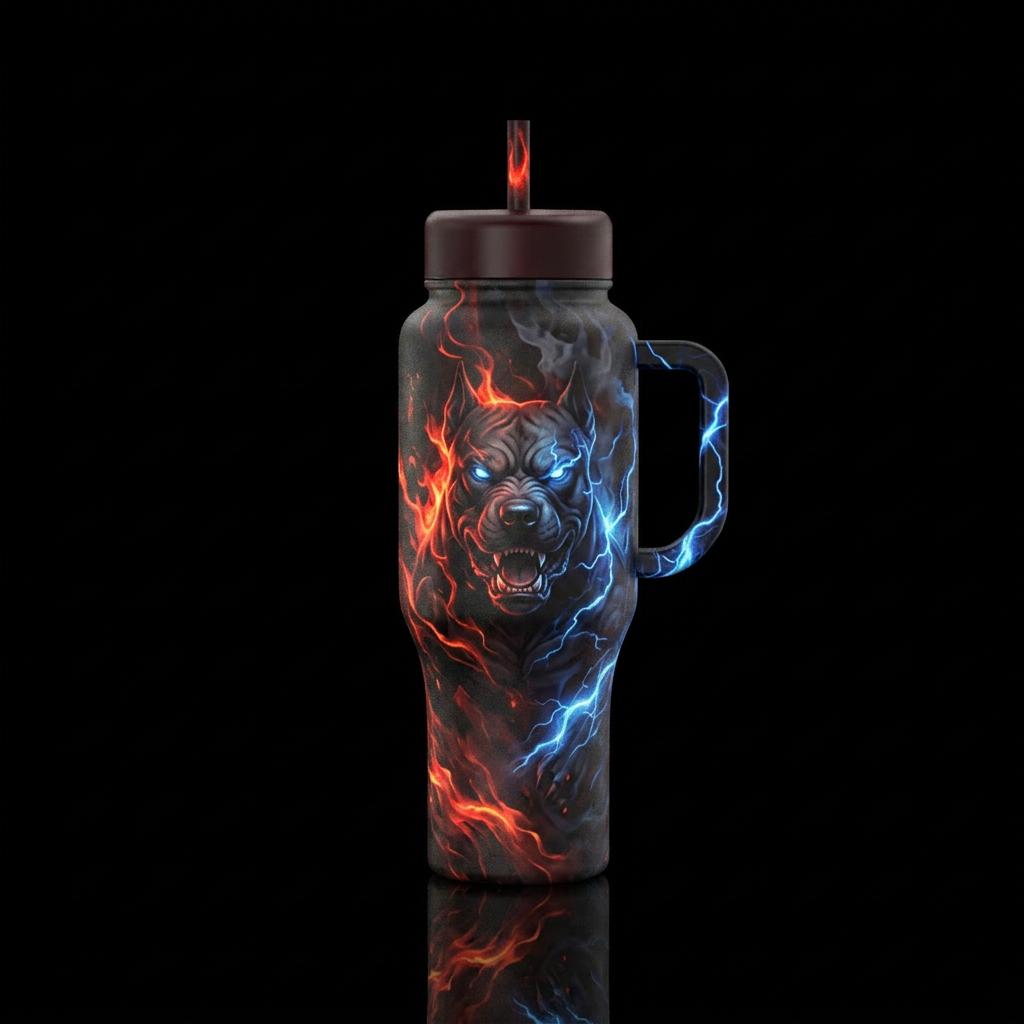 smoke, darkness, dog, electric, firery, glowie water bottle design