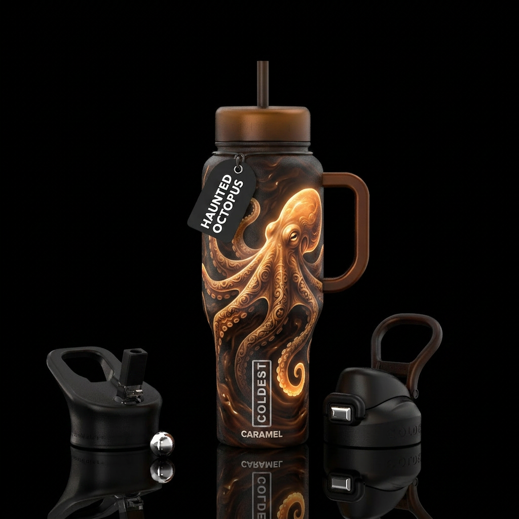 octopus, caramel, dark mood, darkness, haunted water bottle design