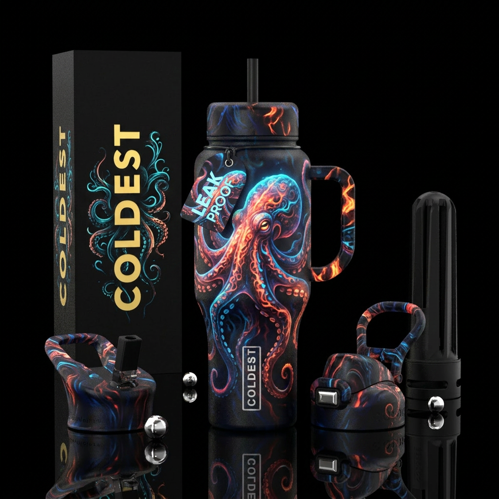 firery, dark mood, haunted, darkness, glowie octop... water bottle design