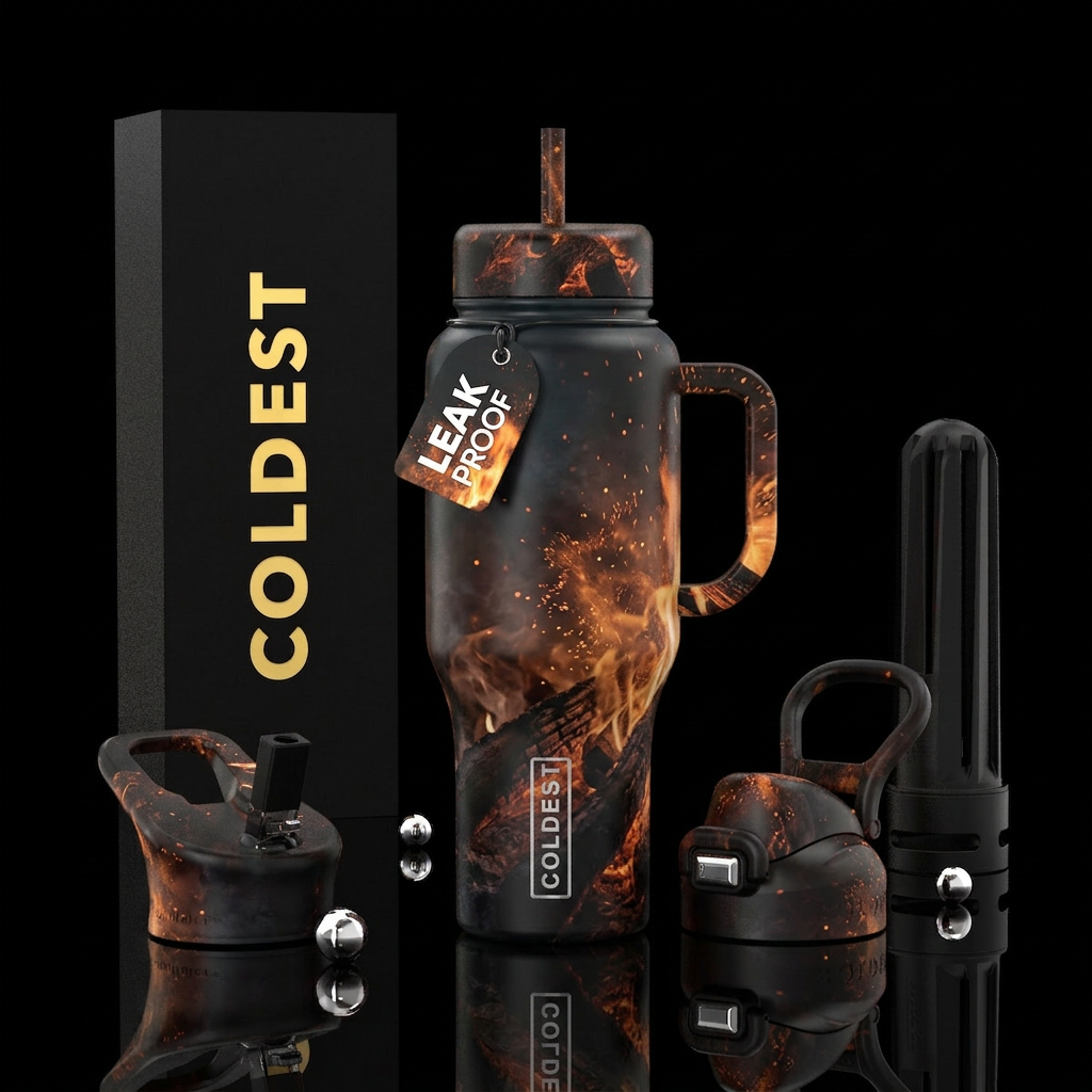 dark mood, firery, explosive, darkness campfire water bottle design