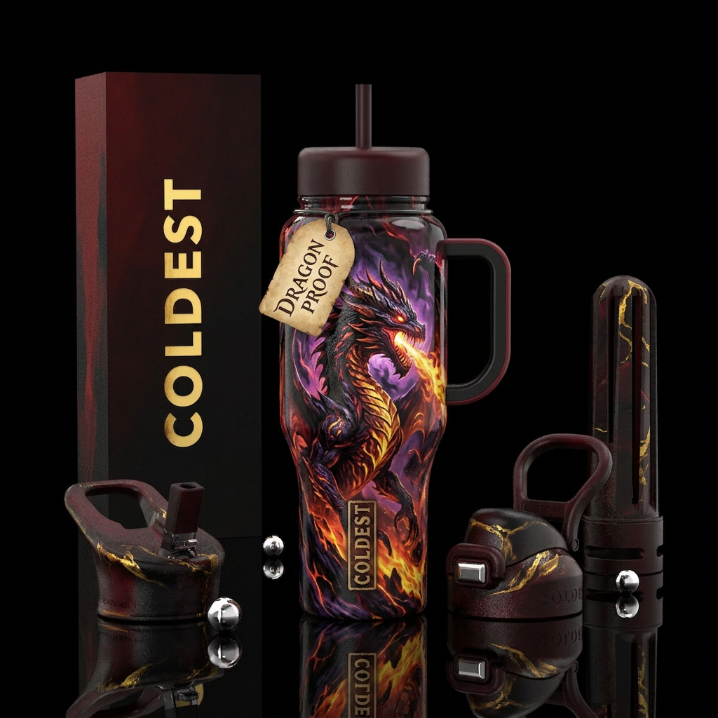 firery, dark mood, dragon, darkness, magic water bottle design