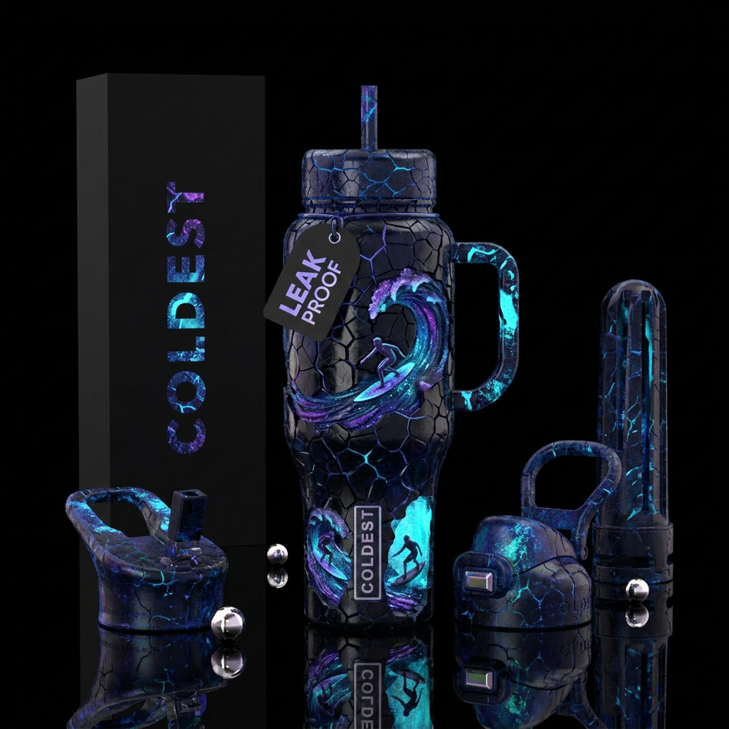 realism, cracked, surfing, glowie, sparkly, dark m... water bottle design