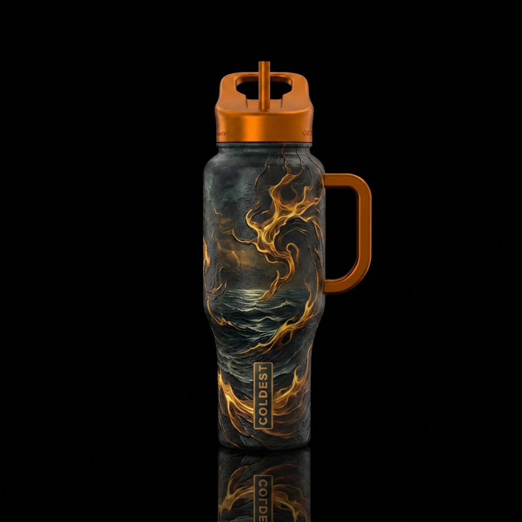 dark mood, darkness, haunted, ocean, firery water bottle design