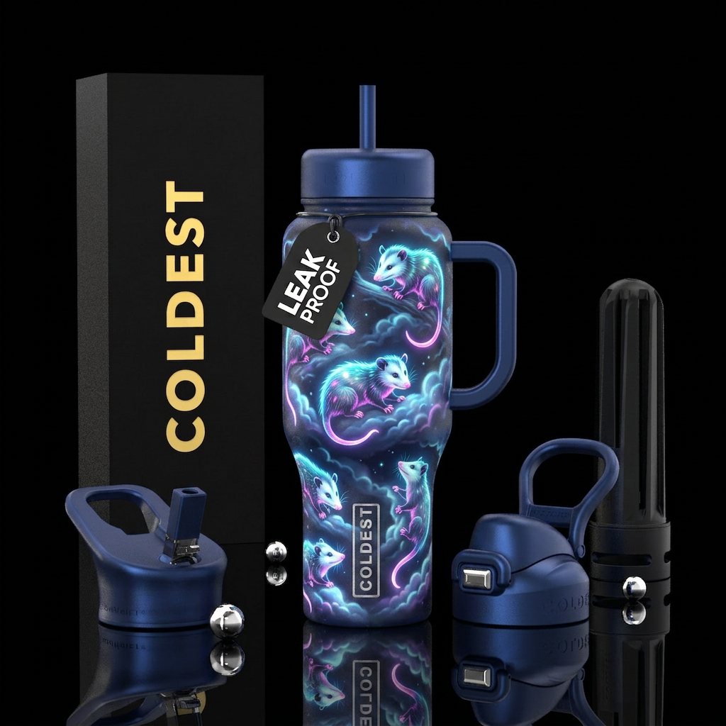 Opossum, realism, glowie, clouds, whimsical water bottle design