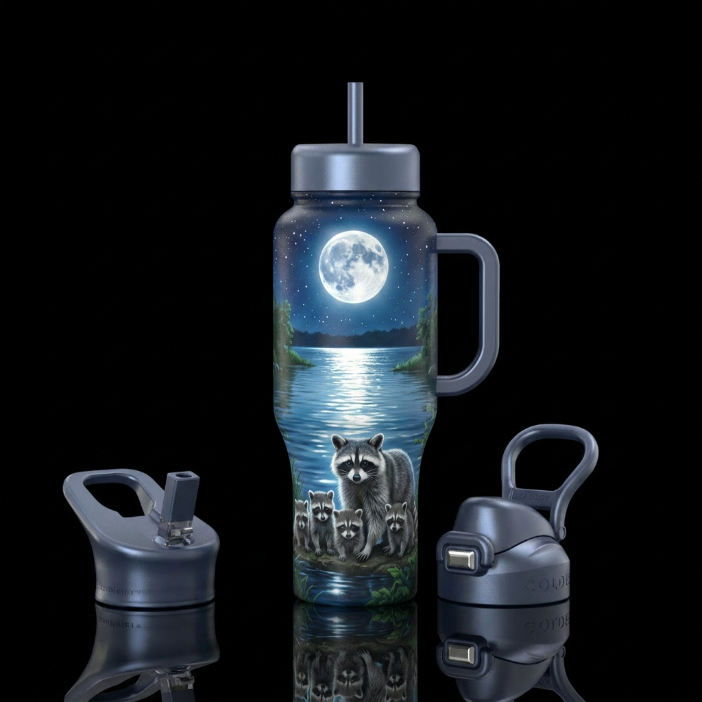 Racoon with babies at the edge of a lake, moonlit water bottle design