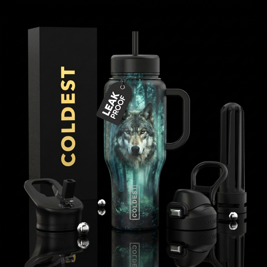 glowie, darkness misty forest, wolf water bottle design