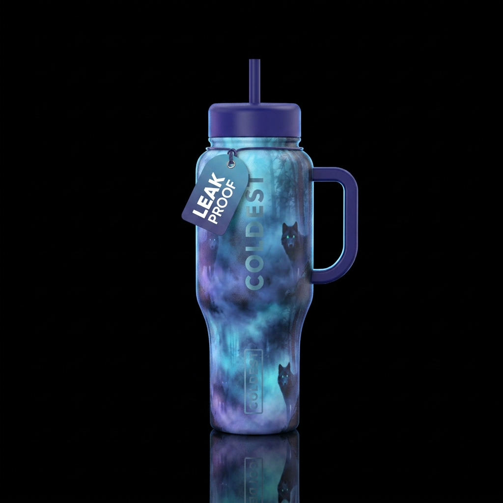 Misty forest, wolves hiding amongst the mist, glow... water bottle design