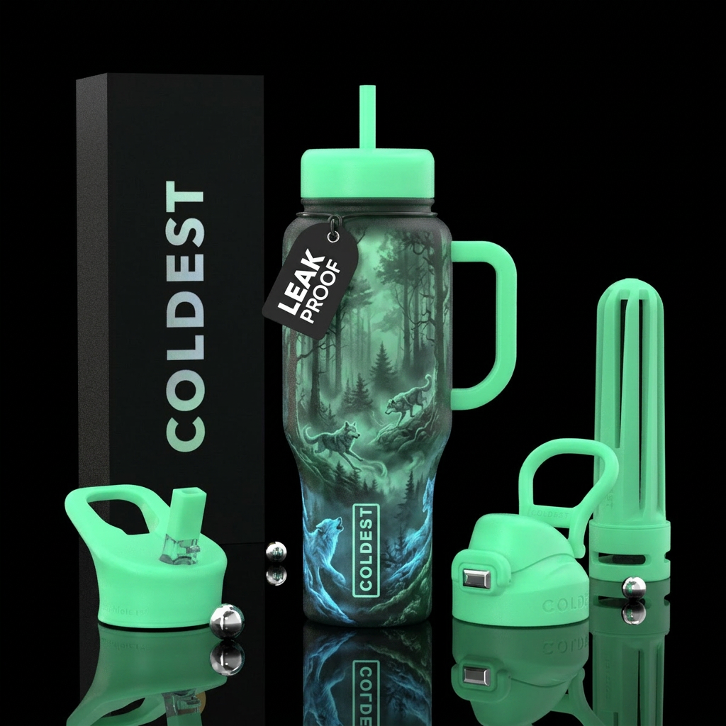 Misty forest, wolves hiding amongst the mist, glow... water bottle design