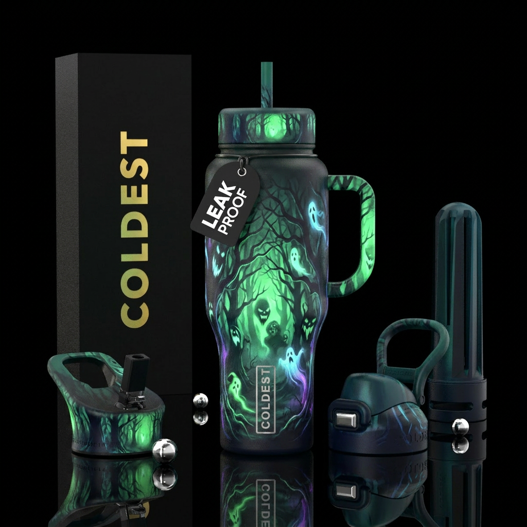 darkness, dark mood, glowie, trees, haunted water bottle design