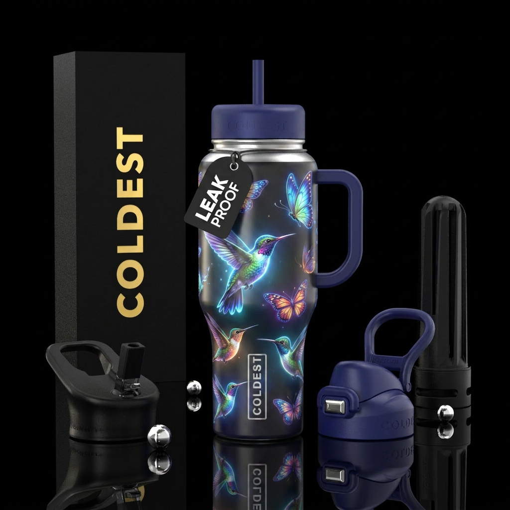 whimsical, glowie butterflies and humming birds re... water bottle design
