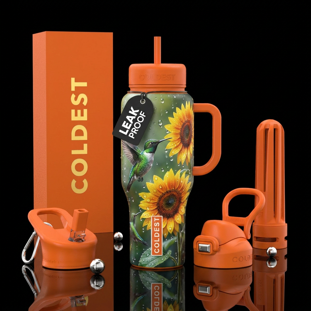 Humming birds and sunflowers realistic after a rai... water bottle design